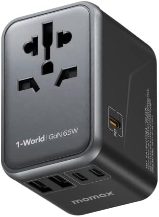 MOMAX Universal Travel Adapter， 65W GaN Travel Plug Adapter with UK/EU/AU/US Plugs， 3USB-C PD & 2USB-A QC Worldwide International Adapter Charger， International Converter for Laptops Tablets Phones