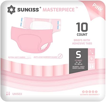 SUNKISS Masterpiece Adult Diapers with Ultimate Absorbency， Unisex Disposable Incontinence Briefs with Tabs for Women and Men， Odor Control， Overnight Protection， Pink， Small， 10 Count