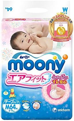 Uni-Charm Moony air fit Tape Size M (6-11 kg) 64 Pieces (for Kids Diaper) +1 Pack of Sensitive Skin Care Baby Wipes by Moony’s (Medium)