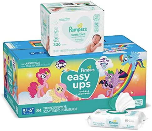 Pampers Easy Ups and Baby Wipes - Pull On Disposable Potty Training Underwear for Girls and Boys， Size 7 (5T-6T)， 84 Count， ONE Month Supply with Sensitive Wipes， 6X Pop-Top Packs， 336 Count