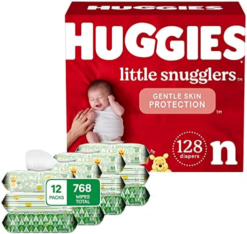 HUGGIES Baby Diapers and Wipes Bundle: Huggies Little Snugglers Newborn Size， 128ct & Natural Care Sensitive Baby Diaper Wipes， Unscented， 12 Flip-Top Packs (768 Wipes Total) (Packaging May Vary)