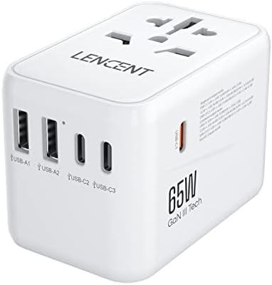 LENCENT Universal Travel Adapter， GaN III 65W International Charger with 2 USB Ports & 3 USB-C PD Fast Charging Adaptor， Worldwide Wall Charger for iPhone，Samsung，Laptop， USA/UK/EU/AUS， (White)