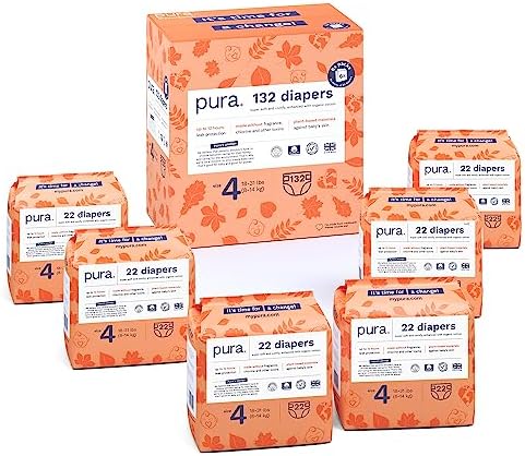 Pura Size 4 Eco-Friendly Diapers (18-31 lbs) Hypoallergenic， Soft Organic Cotton， Sustainable， up to 12 Hours Leak Protection， Allergy UK， Recyclable Packaging， 6 Packs of 22 (132 Diapers)