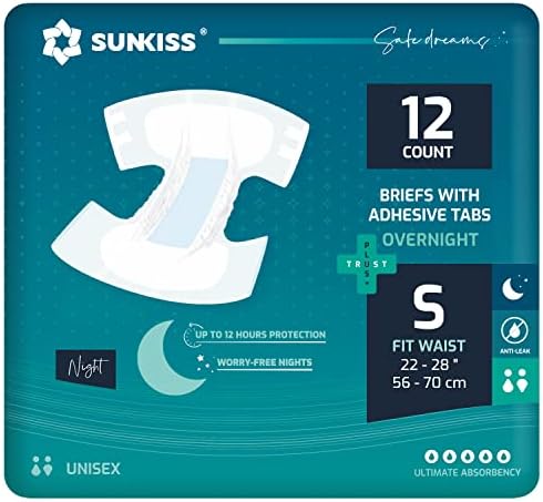 SUNKISS TrustPlus Overnight Adult Diapers with Tabs， Unisex Disposable Incontinence Briefs for Men and Women， Odor Control， Small， 12 Count