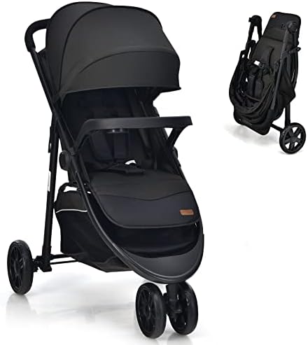 BABY JOY Jogging Stroller， Jogger Travel System with 5-Point Safety Harness， Adjustable Canopy/Backrest/Footrest， Storage Basket & Pocket， Lightweight Baby Stroller for Newborn Toddlers (Black)