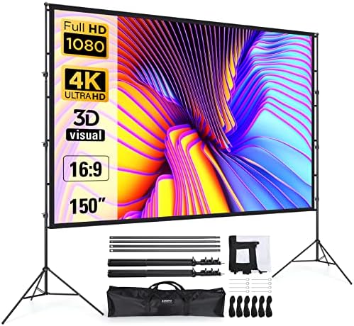 Projector Screen and Stand 150 Inch， LEORFI Outdoor Portable Projector Movie Screen Pull Down， Indoor Projections Screen with Stand 16:9 4K Full HD Support Height Adjustable for Home Theater Camping