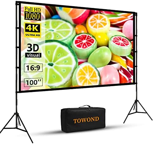 Projector Screen with Stand，Towond 100 inch Portable Projection Screen， Indoor Outdoor Screen 16:9 4K HD Rear Front Movie Screen with Carry Bag Wrinkle-Free Design for Home Theater Backyard Cinema