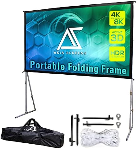 Akia Screens 145 inch Portable Outdoor Projector Screen with Stand and Bag 16:9 8K 4K Ultra HD 3D Adjustable Height Foldable Projection Screen Silver for Movie Video Home Theater AK-OS145H1