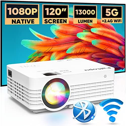 Native 1080P 5G WiFi Bluetooth Projector， Faltopu 13000lumen [120’’ Screen Included] Outdoor Mini Movie Projector with WiFi and Bluetooth， Compatible with iOS/Android， TV Stick， HDMI