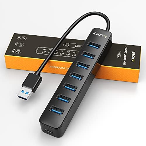 iDsonix USB Hub 3.0， 7 Port USB Hub， USB Hub for Laptop， iMac， Surface Pro， XPS， USB Flash Drives， Mobile HDD， Printer， Camera， and More -Black
