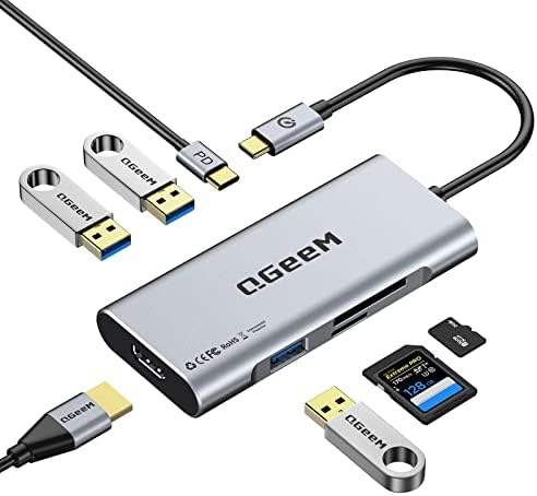 USB C Hub， QGeeM USB C to HDMI Adapter 4k， 7 in 1 USB C Dongle with 100W Power Delivery，3 USB 3.0 Ports， SD/TF Card Reader， Compatible for MacBook Ipad HP Dell XPS and More Type C Device