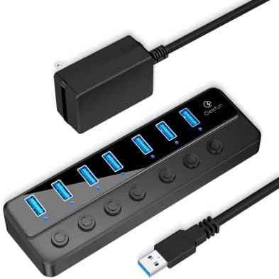 USB Hub， 7-Port USB 3.0 Hub， Qeefun USB Hub 3.0 Powered， USB Adapter USB Extender USB Port Expander USB Hub for Laptop， PC， USB Flash Drives， and More