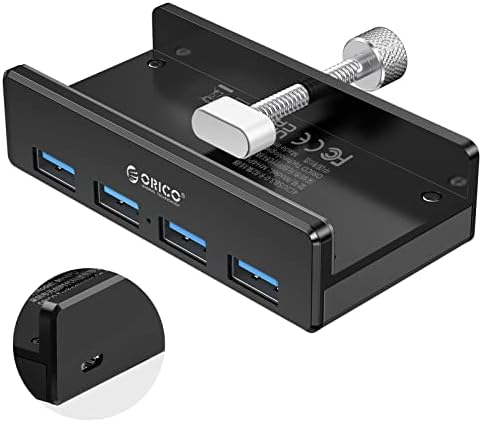 ORICO USB 3.0 Clamp Hub， Aluminum 4-Port USB Hub 3.0 with Extra Power Supply Port and 4.92 FT USB Data Cable， Desktop Powered USB Hub for iMac/Laptop/PC (Black)
