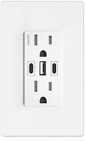 Amerisense GaN 65W 6Amp 3-Port USB Wall Outlet， 15 Amp Tamper-Resistant Receptacle with 2 USB Type C & 1 Type A Port， USB Charger for USB-C Laptop/iPhone/Samsung/LG， UL Listed