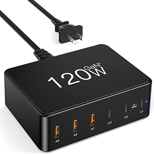 USB C Charger - 120W GaN 6 Ports USB Charging Station for Multiple Devices， USB Fast Wall Charger with 3 Type-C and 3 USB A， Multiport Power Adapter for iPad iPhone， Samsung Android Phones， MacBook