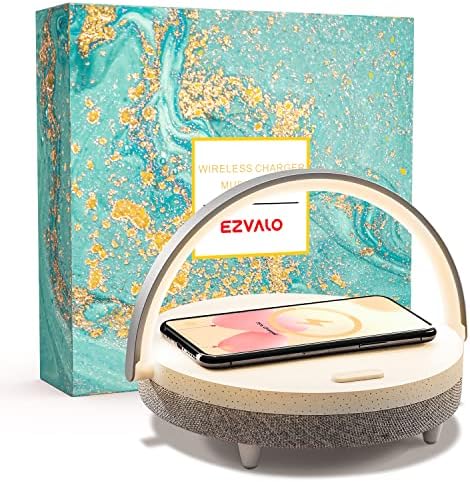LED Night Light， EZVALO Music Bedside Lamp with Wireless Charger， 4 in 1 Touch Lamp， Portable Bluetooth Speaker， Phone Holder， Dimmable Wireless Charging Lamp Birthday Gifts for Women， Men， Dad， Mom
