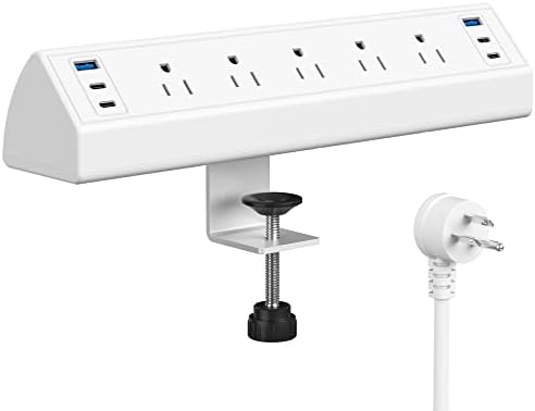 Desk Clamp Power Strip USB C，Under Desk Mount Power Station，40W Fast Charging in Total，5 Outlets，6ft Cord，Fits 1.6-inch Tabletop Edge，Desk Surge Protector，Perfect Home，Office Supplies