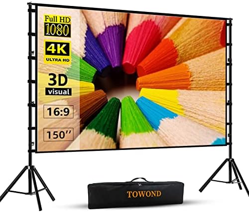 Projector Screen and Stand，Towond 150 inch Indoor Outdoor Projection Screen， Portable 16:9 4K HD Rear Front Movie Screen with Carry Bag Wrinkle-Free Design for Home Theater Backyard Cinema